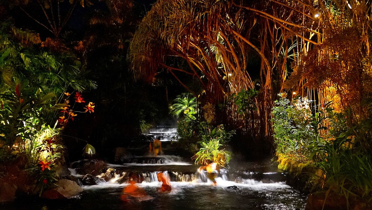 BAÑISTAS EN AGUAS TERMALES DE TABACON EN COSTA RICA